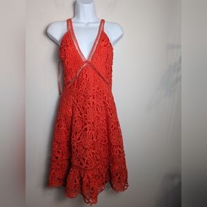Astr The Label Red Lace Dress Deep V Neck Eyelet Sz L Romantic Beachy